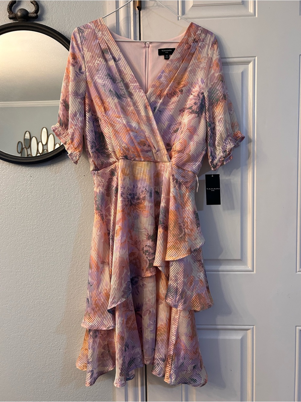 Tahari ASL Lavender Pink Floral Ruffled Midi Dress